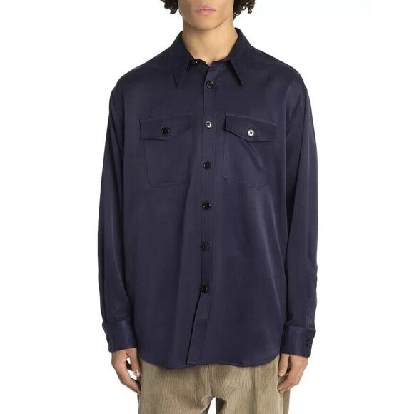 AMI ALEXANDRE MATTIUSSI Shirt Mens Medium Navy Satin Button Up Oversized Wool - Picture 1 of 9